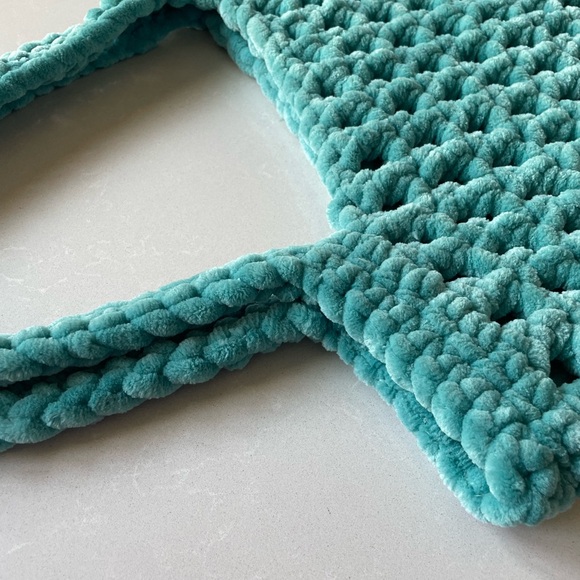 Turquoise Handmade Crochet Plush Large Tote Bag - Picture 4 of 6